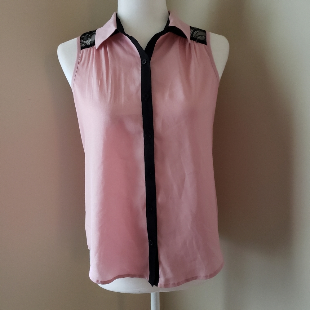 Pink and black lace panel button-down blouse